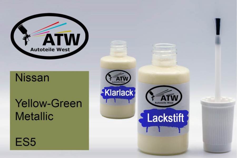 Nissan, Yellow-Green Metallic, ES5: 20ml Lackstift + 20ml Klarlack - Set, von ATW Autoteile West.